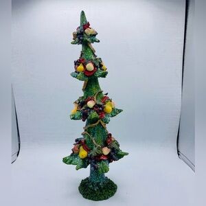 Vintage Whimsical Festive Green Holiday Tree Colorful Fruit And Ribbon Design